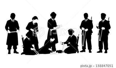 Black Solid Battlefield Bone Splint Nurse Silhouettes Set Of Six On White Background 138847051