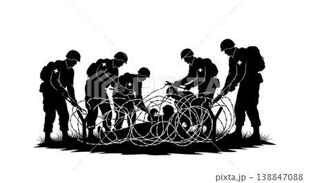 Black Solid Barbed Wire Extraction Medic Silhouettes Set Of Six On White Background Black Solid Barbed Wire Extraction Medic Silhouettes Set Of Six On White Background 138847088