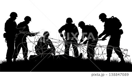 Black Solid Barbed Wire Extraction Medic Silhouettes Set Of Six On White Background Black Solid Barbed Wire Extraction Medic Silhouettes Set Of Six On White Background 138847089