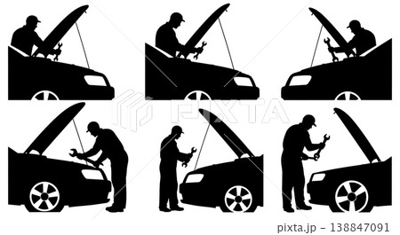Black Solid Auto Mechanic Open Hood Silhouettes Set of Six on White Background Black Solid Auto Mechanic Open Hood Silhouettes Set of Six on White Background 138847091