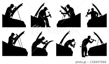 Black Solid Auto Mechanic Open Hood Silhouettes Set of Six on White Background Black Solid Auto Mechanic Open Hood Silhouettes Set of Six on White Background 138847094