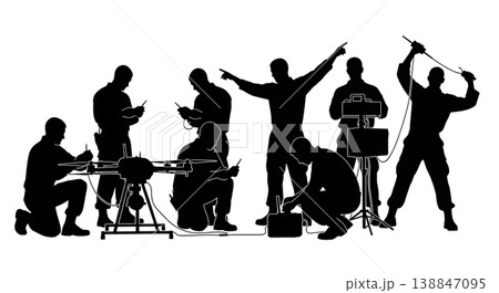 Black Solid Military Avionics Sensor Technicians Silhouettes Set of Six on White Background 138847095