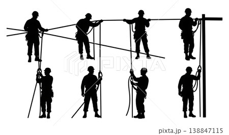 Black Solid Assembling Mobile Command Post Troop Silhouettes Set of Six on White Background Black Solid Assembling Mobile Command Post Troop Silhouettes Set of Six on White Background 138847115