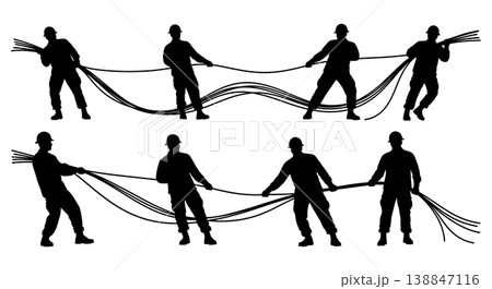 Black Solid Assembling Water Purification System Troop Silhouettes Set of Six on White Background Black Solid Assembling Water Purification System Troop Silhouettes Set of Six on White Background 138847116