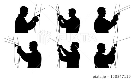 Black Solid Attaching Diagnostic Sensor Specialist Silhouettes Set of Six on White Background Black Solid Attaching Diagnostic Sensor Specialist Silhouettes Set of Six on White Background 138847119