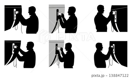 Black Solid Attaching Diagnostic Sensor Specialist Silhouettes Set of Six on White Background Black Solid Attaching Diagnostic Sensor Specialist Silhouettes Set of Six on White Background 138847122