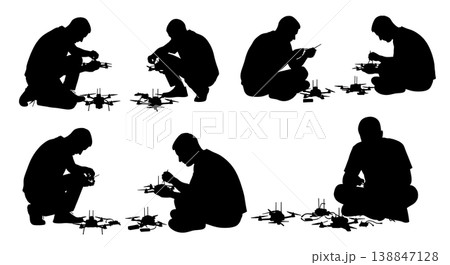 Black Solid Assembling DIY FPV Kit Silhouettes Set of Six on White Background Black Solid Assembling DIY FPV Kit Silhouettes Set of Six on White Background 138847128