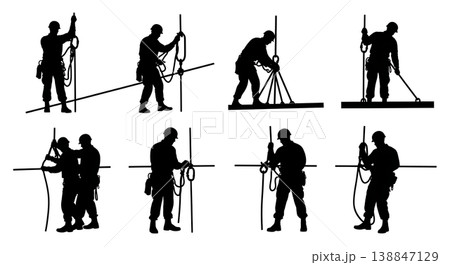 Black Solid Assembling Mobile Command Post Troop Silhouettes Set of Six on White Background Black Solid Assembling Mobile Command Post Troop Silhouettes Set of Six on White Background 138847129