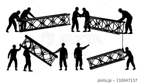 Black Solid Assembling Bailey Bridge Military Engineer Silhouettes Set of Six on White Background Black Solid Assembling Bailey Bridge Military Engineer Silhouettes Set of Six on White Background 138847137