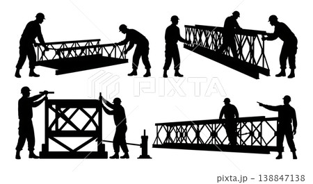 Black Solid Assembling Bailey Bridge Military Engineer Silhouettes Set of Six on White Background Black Solid Assembling Bailey Bridge Military Engineer Silhouettes Set of Six on White Background 138847138