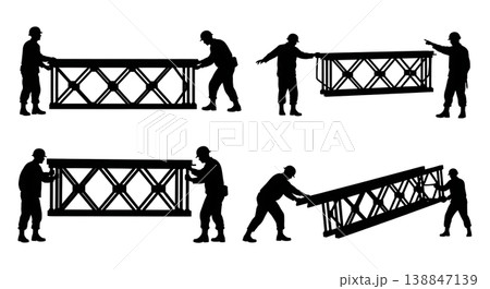 Black Solid Assembling Bailey Bridge Military Engineer Silhouettes Set of Six on White Background Black Solid Assembling Bailey Bridge Military Engineer Silhouettes Set of Six on White Background 138847139