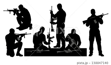 Black Solid Military Armorer Rifle Inspection Silhouettes Set of Six on White Background 138847140
