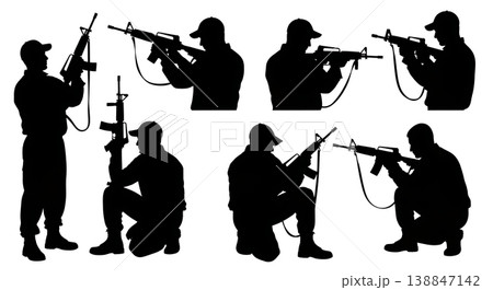 Black Solid Military Armorer Rifle Inspection Silhouettes Set of Six on White Background Black Solid Military Armorer Rifle Inspection Silhouettes Set of Six on White Background 138847142