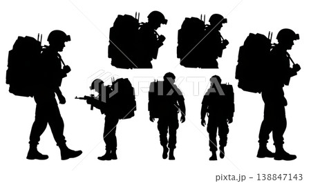 Black Solid Army Backpack Helmet Drone Pilot Silhouettes Set of Six on White Background Black Solid Army Backpack Helmet Drone Pilot Silhouettes Set of Six on White Background 138847143