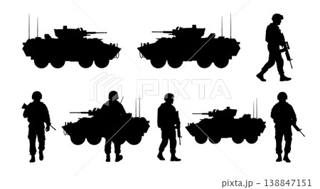 Black Solid Armored Convoy Escort Silhouettes Set of Six on White Background 138847151