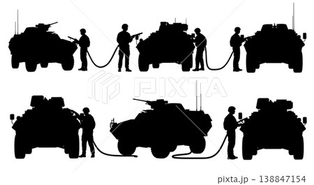 Black Solid Armored Vehicle Refueling Technicians Silhouettes Set of Six on White Background Black Solid Armored Vehicle Refueling Technicians Silhouettes Set of Six on White Background 138847154