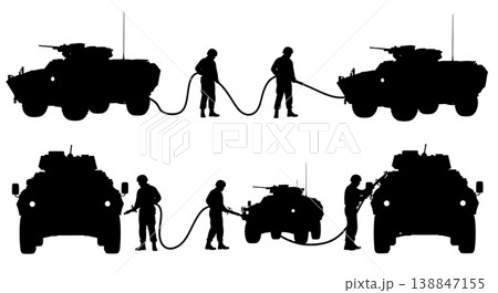 Black Solid Armored Vehicle Refueling Technicians Silhouettes Set of Six on White Background Black Solid Armored Vehicle Refueling Technicians Silhouettes Set of Six on White Background 138847155