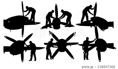 Black Solid Applying Safety Paint Propeller Tip Mechanic Silhouettes Set of Six on White Background Black Solid Applying Safety Paint Propeller Tip Mechanic Silhouettes Set of Six on White Background 138847160