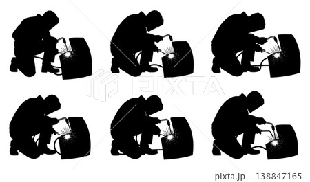 Black Solid Armor Plate Welding Mechanics Silhouettes Set of Six on White Background 138847165
