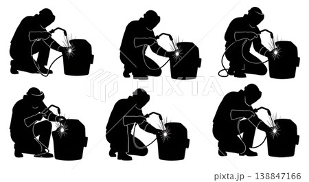 Black Solid Armor Plate Welding Mechanics Silhouettes Set of Six on White Background 138847166