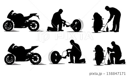 Black Solid Applying Motorcycle Chain Lube Mechanic Silhouettes Set of Six on White Background Black Solid Applying Motorcycle Chain Lube Mechanic Silhouettes Set of Six on White Background 138847171