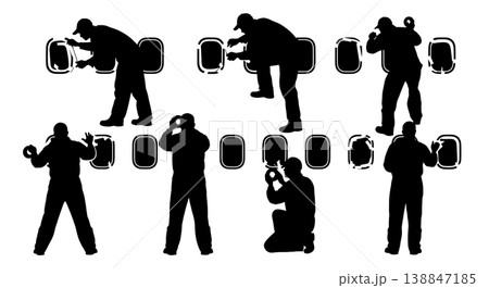 Black Solid Applying Masking Tape Window Mechanic Silhouettes Set of Six on White Background Black Solid Applying Masking Tape Window Mechanic Silhouettes Set of Six on White Background 138847185