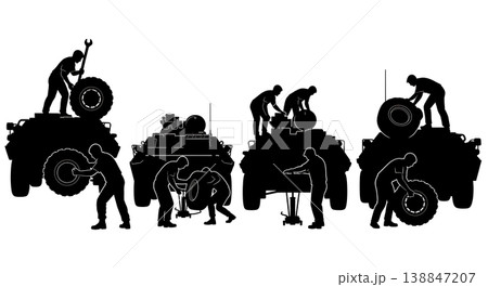 Black Solid APC Tire Changing Silhouettes Set of Six on White Background Black Solid APC Tire Changing Silhouettes Set of Six on White Background 138847207
