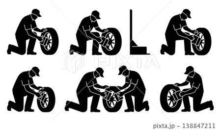Black Solid Applying Emergency Rubber Patch Technician Silhouettes Set of Six on White Background Black Solid Applying Emergency Rubber Patch Technician Silhouettes Set of Six on White Background 138847211