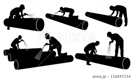 Black Solid Aluminum Pontoon Log Inspection Silhouettes Set of Six on White Background Black Solid Aluminum Pontoon Log Inspection Silhouettes Set of Six on White Background 138847234