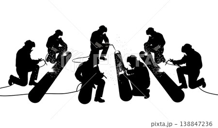 Black Solid Aluminum Pontoon Log Welding Silhouettes Set of Six on White Background 138847236