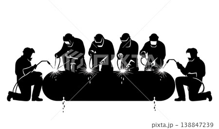 Black Solid Aluminum Pontoon Log Welding Silhouettes Set of Six on White Background 138847239