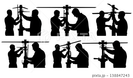 Black Solid Aligning Main Rotor Swashplate Technician Silhouettes Set of Six on White Background 138847243