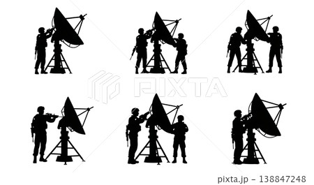 Black Solid Aligning Satellite Dish Tripod Troop Silhouettes Set of Six on White Background Black Solid Aligning Satellite Dish Tripod Troop Silhouettes Set of Six on White Background 138847248