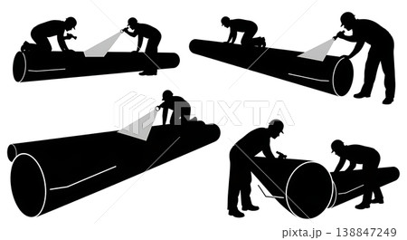 Black Solid Aluminum Pontoon Log Inspection Silhouettes Set of Six on White Background 138847249