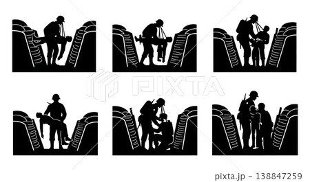 Black Solid Administering First Aid Trench Troop Silhouettes Set of Six on White Background Black Solid Administering First Aid Trench Troop Silhouettes Set of Six on White Background 138847259