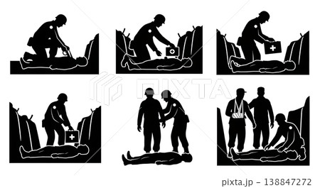 Black Solid Administering First Aid Trench Troop Silhouettes Set of Six on White Background 138847272