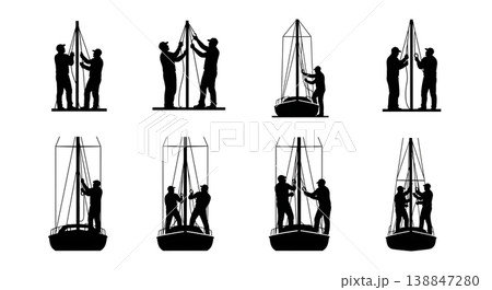 Black Solid Adjusting Sailboat Mast Rigging Mechanic Silhouettes Set of Six on White Background Black Solid Adjusting Sailboat Mast Rigging Mechanic Silhouettes Set of Six on White Background 138847280