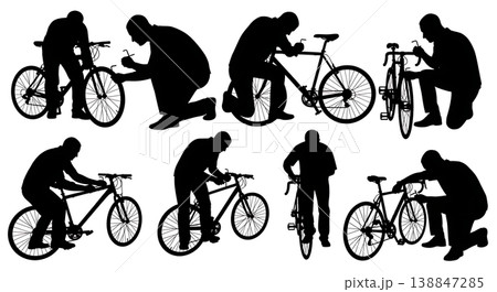 Black Solid Adjusting Rear Derailleur Allen Key Mechanic Silhouettes Set of Six on White Background 138847285