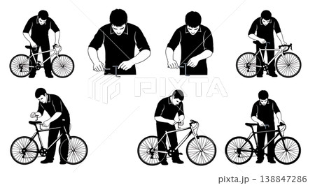 Black Solid Adjusting Rear Derailleur Allen Key Mechanic Silhouettes Set of Six on White Background Black Solid Adjusting Rear Derailleur Allen Key Mechanic Silhouettes Set of Six on White Background 138847286