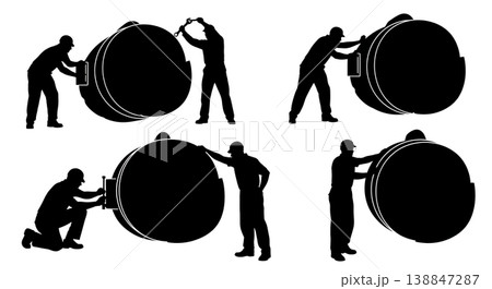 Black Solid Adjusting Reverse Thrust Bucket Mechanic Silhouettes Set of Six on White Background Black Solid Adjusting Reverse Thrust Bucket Mechanic Silhouettes Set of Six on White Background 138847287