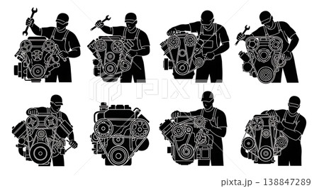 Black Solid Adjusting Complex Timing Belt Mechanic Silhouettes Set of Six on White Background Black Solid Adjusting Complex Timing Belt Mechanic Silhouettes Set of Six on White Background 138847289