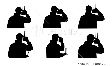 Black Solid Adjusting FPV Antenna Operator Silhouettes Set of Six on White Background Black Solid Adjusting FPV Antenna Operator Silhouettes Set of Six on White Background 138847290