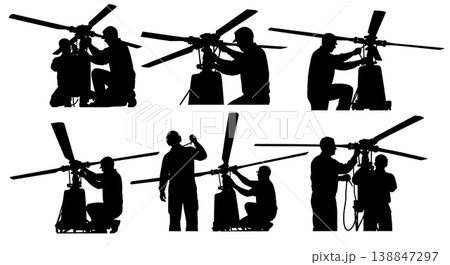 Black Solid Adjusting Helicopter Main Rotor Mechanic Silhouettes Set of Six on White Background Black Solid Adjusting Helicopter Main Rotor Mechanic Silhouettes Set of Six on White Background 138847297