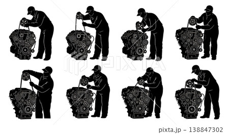Black Solid Adjusting Complex Timing Belt Mechanic Silhouettes Set of Six on White Background 138847302
