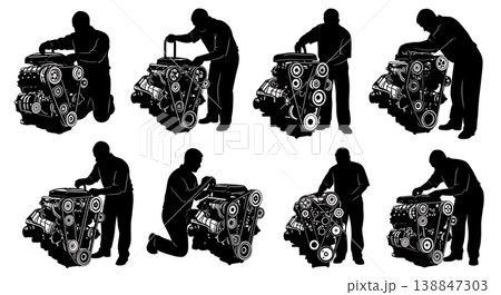 Black Solid Adjusting Complex Timing Belt Mechanic Silhouettes Set of Six on White Background 138847303