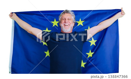 Mature man holding European Union flag celebrating unity 138847366
