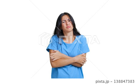 Woman feeling cold and shivering on transparent background 138847383