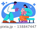 Pediatrician doctor giving a vaccine or check-up to a baby held by mother. Medical healthcare, infant immunization, and postnatal clinical visit vector illustration. Corporate memphis style. 138847447