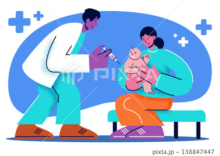 Pediatrician doctor giving a vaccine or check-up to a baby held by mother. Medical healthcare, infant immunization, and postnatal clinical visit vector illustration. Corporate memphis style. Pediatrician doctor giving a vaccine or check-up to a baby held by mother. Medical healthcare, infant immunization, and postnatal clinical visit vector illustration. Corporate memphis style. 138847447