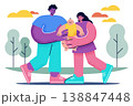 Happy parents walking together with their baby in a park. Outdoor activity, family bonding, healthy lifestyle, and postnatal recovery vector illustration. Corporate memphis style. 138847448